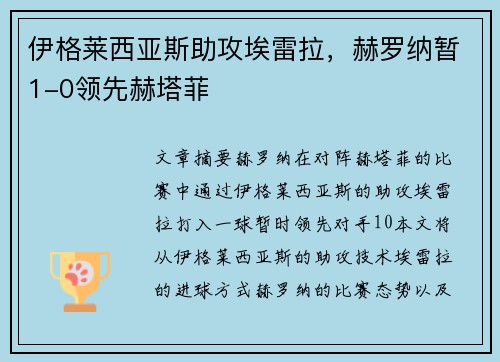 伊格莱西亚斯助攻埃雷拉，赫罗纳暂1-0领先赫塔菲